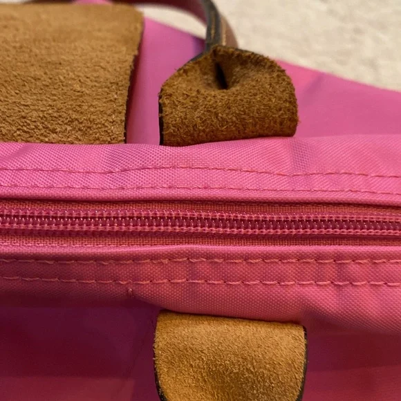 Longchamp Le Pliage small long strap #2605 pink nylon leather tote satchel purse - Picture 10 of 13